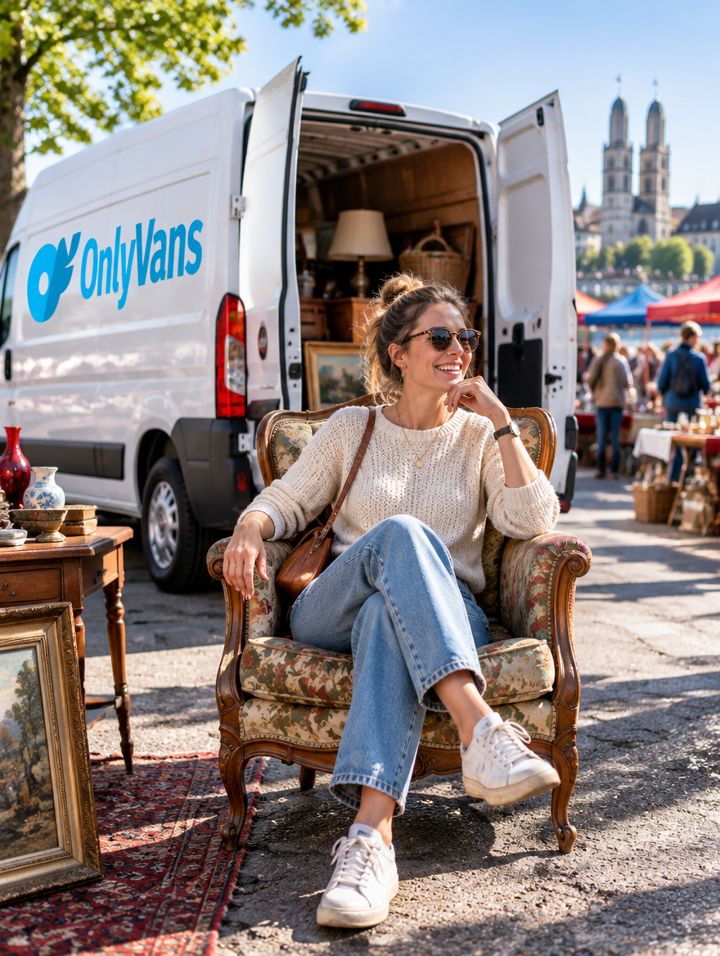 Frau sitzt auf einem Flohmarkt-Sessel vor dem offenen Van