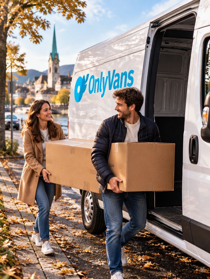 Paar trägt Umzugskartons zum OnlyVans-Van