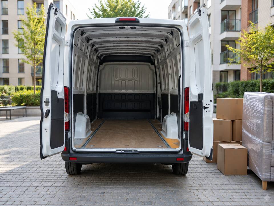 Hecktüren offen, daneben Umzugskartons und ein Sofa
