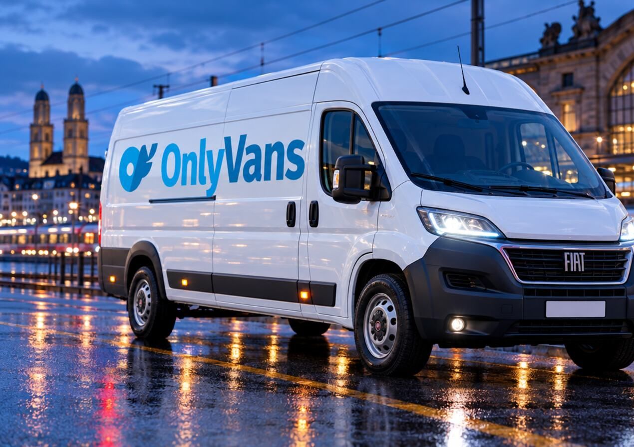 Weisser Fiat Ducato mit OnlyVans-Beschriftung am Abend in Zürich