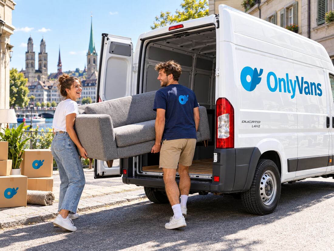 Zwei Personen laden ein Sofa in den beschrifteten Van